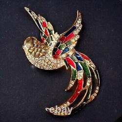 Vintage Sparkling Bird of Paradise Brooch Gold Tone, Enamel & Rhinestones