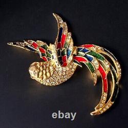 Vintage Sparkling Bird of Paradise Brooch Gold Tone, Enamel & Rhinestones