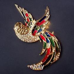 Vintage Sparkling Bird of Paradise Brooch Gold Tone, Enamel & Rhinestones