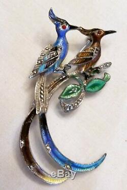 Vintage Sterling Germany EB Brooch Birds of Paradise Enamel Marcasite Exquisite