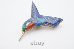 Vintage Sterling Silver 925 Lapis Lazuli Hummingbird Pendant Brooch Mosaic Inlay