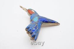 Vintage Sterling Silver 925 Lapis Lazuli Hummingbird Pendant Brooch Mosaic Inlay