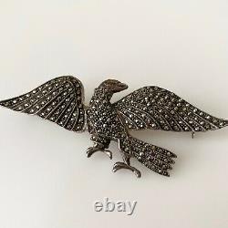 Vintage Sterling Silver 925 Marcasite Citrine Spread Wings Bird Eagle Brooch Pin
