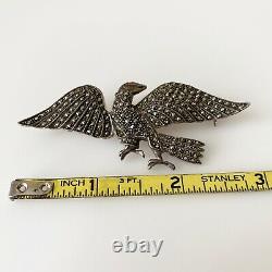 Vintage Sterling Silver 925 Marcasite Citrine Spread Wings Bird Eagle Brooch Pin