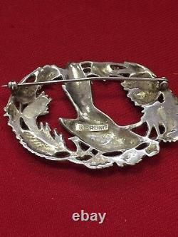 Vintage Sterling Silver Bird Nesting Wreath Pin Brooch