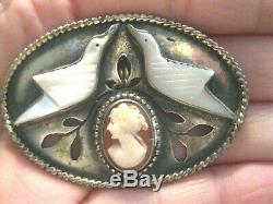Vintage Sterling Silver Carved Cameo & Mop Birds Pierced Oval Brooch/pinrare