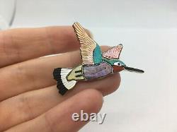 Vintage Sterling Silver Carved Stone Inlay Zuni Hummingbird Bird Brooch Pendant