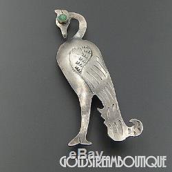 Vintage Sterling Silver Chrysoprase Peacock Mystical Bird Large Brooch Pin #3494