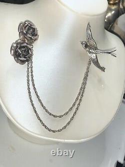 Vintage Sterling Silver Flower With Chain With Bird Brooch/pin