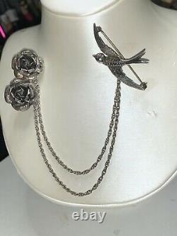 Vintage Sterling Silver Flower With Chain With Bird Brooch/pin
