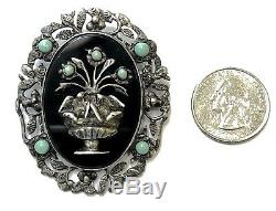 Vintage Sterling Silver Flowers Birds on Black Onyx with Turquoise Brooch/ Pin