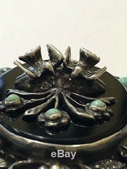 Vintage Sterling Silver Flowers Birds on Black Onyx with Turquoise Brooch/ Pin