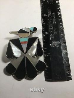 Vintage Sterling Silver Inlayed Thunder Bird Pendant / Brooch. By Zuni Artist