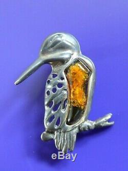Vintage Sterling Silver Kingfisher Bird Brooch With Amber