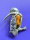 Vintage Sterling Silver Kingfisher Bird Brooch With Amber