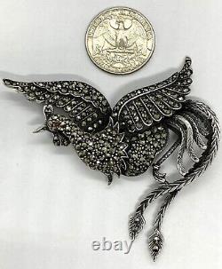 Vintage Sterling Silver Marcasite Phoenix Bird PinBrooch 22.68g 2.3/4 x 3