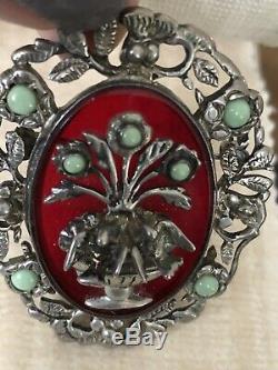 Vintage Sterling Silver Mexican Pin Brooch with Flower Pot Birds Green Stones