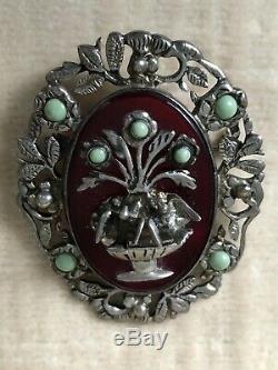 Vintage Sterling Silver Mexican Pin Brooch with Flower Pot Birds Green Stones