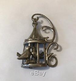 Vintage Sterling Silver Pin/Brooch, 2 Birds. In a Cage, Signed Lang