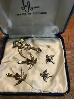 Vintage Sterling Silver Rhinestone Bird Pin / Brooch / Earrings Set