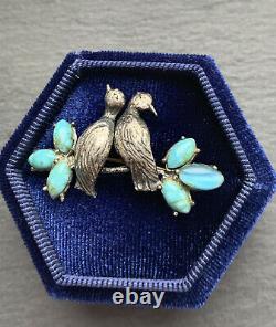 Vintage Sterling Silver Turquoise Live Birds Brooch