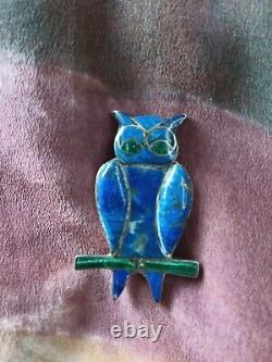 Vintage Sterling Silver lapis /malachite Owl brooch or Pendant, hand made
