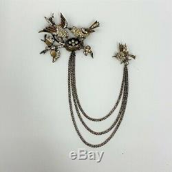 Vintage Sterling Swag Pin Brooch 3 Birds Nest With 4 Eggs Rare Style