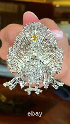 Vintage Style Peacock Bird Brooch Round Yellow Sapphire, Baguette & Marquise 925