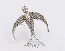 Vintage Swallow Bird Diamonds 14K White Gold Pendant Brooch Pin
