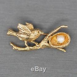 Vintage Sweet Bird and Pearl Nest Brooch in Solid 14k Yellow Gold