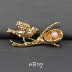 Vintage Sweet Bird and Pearl Nest Brooch in Solid 14k Yellow Gold
