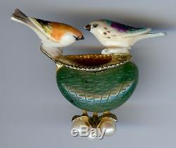 Vintage Swoboda Dimensional Jade & Pearl Carved Birds In Bird Bath Pin Brooch