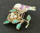 Vintage Swoboda Signed Brooch Pin Birds Nest Gold Tone 3 Pearl Eggs Turquoise