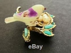 Vintage Swoboda Signed Brooch Pin Birds Nest Gold Tone 3 Pearl Eggs Turquoise