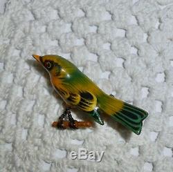 Vintage TAKAHASHI BIRD Brooch Pin Carved Wood Lacquer Green Yellow Push Pins A85