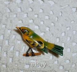 Vintage TAKAHASHI BIRD Brooch Pin Carved Wood Lacquer Green Yellow Push Pins A85