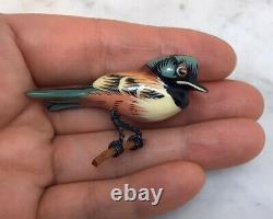 Vintage TAKAHASHI Hand Painted Wood Bird Pin Brooch Beautiful