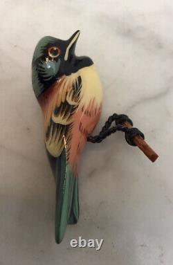 Vintage TAKAHASHI Hand Painted Wood Bird Pin Brooch Beautiful