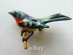 Vintage Takahashi Blue Bird Red Breast Bright Hand Painted Wood Brooch Push Pins