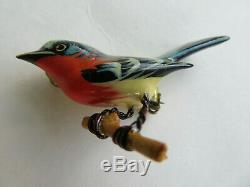 Vintage Takahashi Blue Bird Red Breast Bright Hand Painted Wood Brooch Push Pins