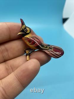 Vintage Takahashi Carved Wood Cardinal Bird Pin Brooch