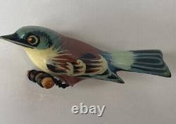 Vintage Takahashi Eastern Blue Bird Pin Hand Painted Wooden Brooch