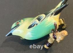 Vintage Takahashi Green Yellow Bird Hand Painted Carved Wood Pin Brooch Tiny