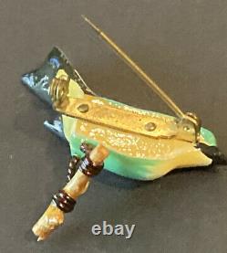 Vintage Takahashi Green Yellow Bird Hand Painted Carved Wood Pin Brooch Tiny