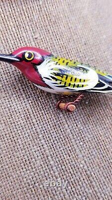 Vintage Takahashi Hummingbird Bird Woodpecker Hand Painted Wood Pin Brooch