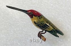 Vintage Takahashi Hummingbird Bird Woodpecker Hand Painted Wood Pin Brooch Male