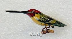 Vintage Takahashi Hummingbird Bird Woodpecker Hand Painted Wood Pin Brooch Male