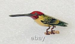 Vintage Takahashi Hummingbird Bird Woodpecker Hand Painted Wood Pin Brooch Male