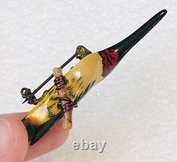 Vintage Takahashi Hummingbird Bird Woodpecker Hand Painted Wood Pin Brooch Male