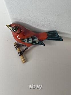 Vintage Takahashi Male Scarlet Tanager Bird Pin Hand Painted Wooden Brooch
